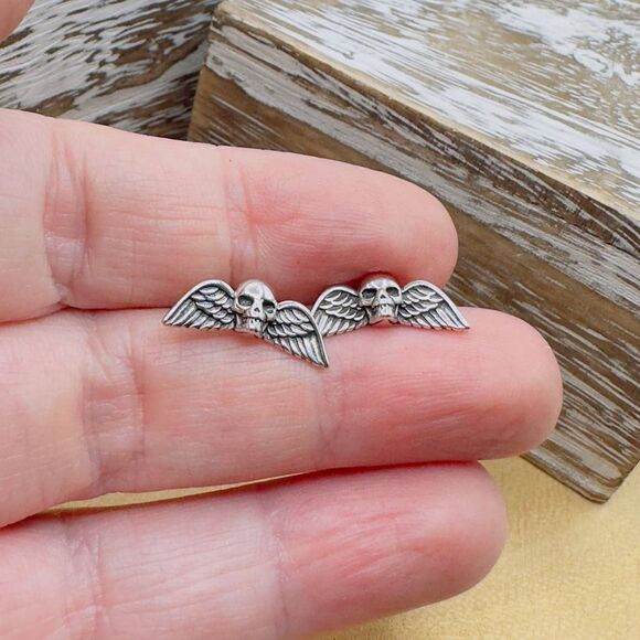 Skull & Wings Sterling Silver Stud Earrings - Picture 4 of 5